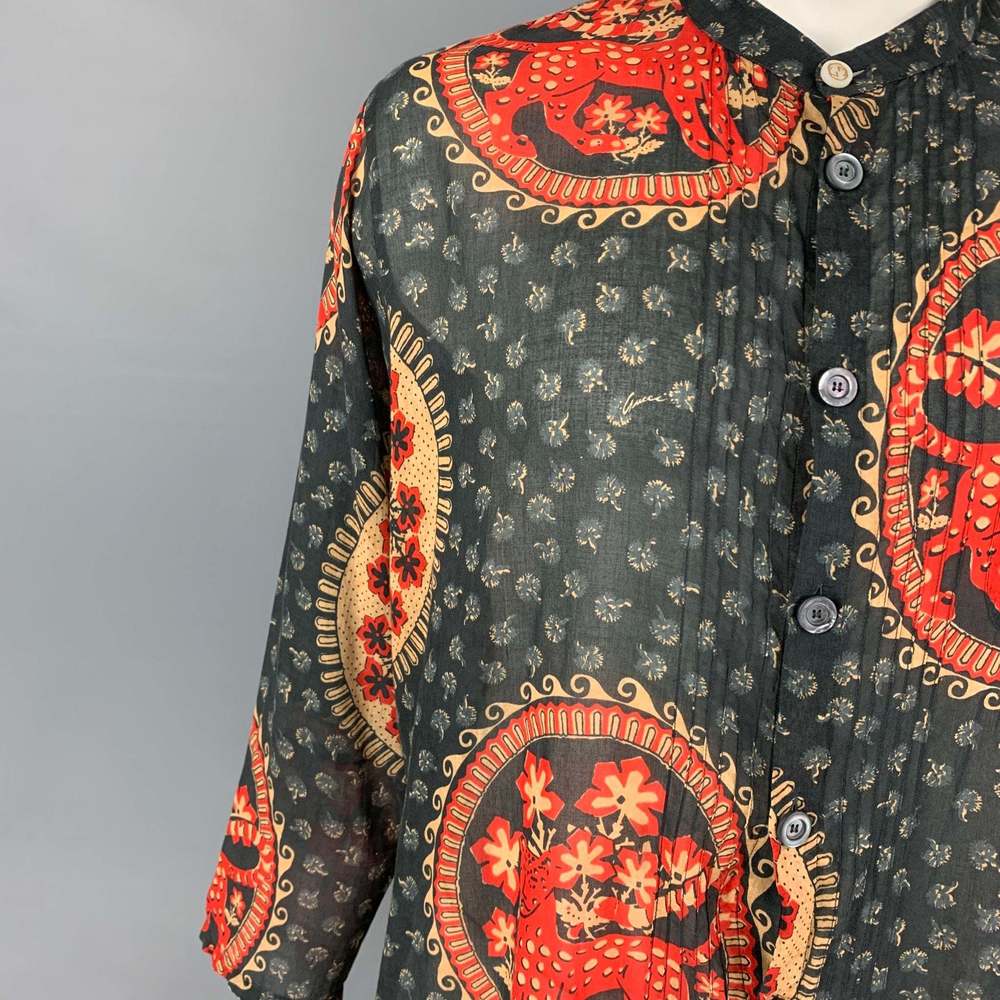 GUCCI Gray Red Khaki Print Cotton Nehru Collar Long Sleeve Shirt - Picture 2 of 8